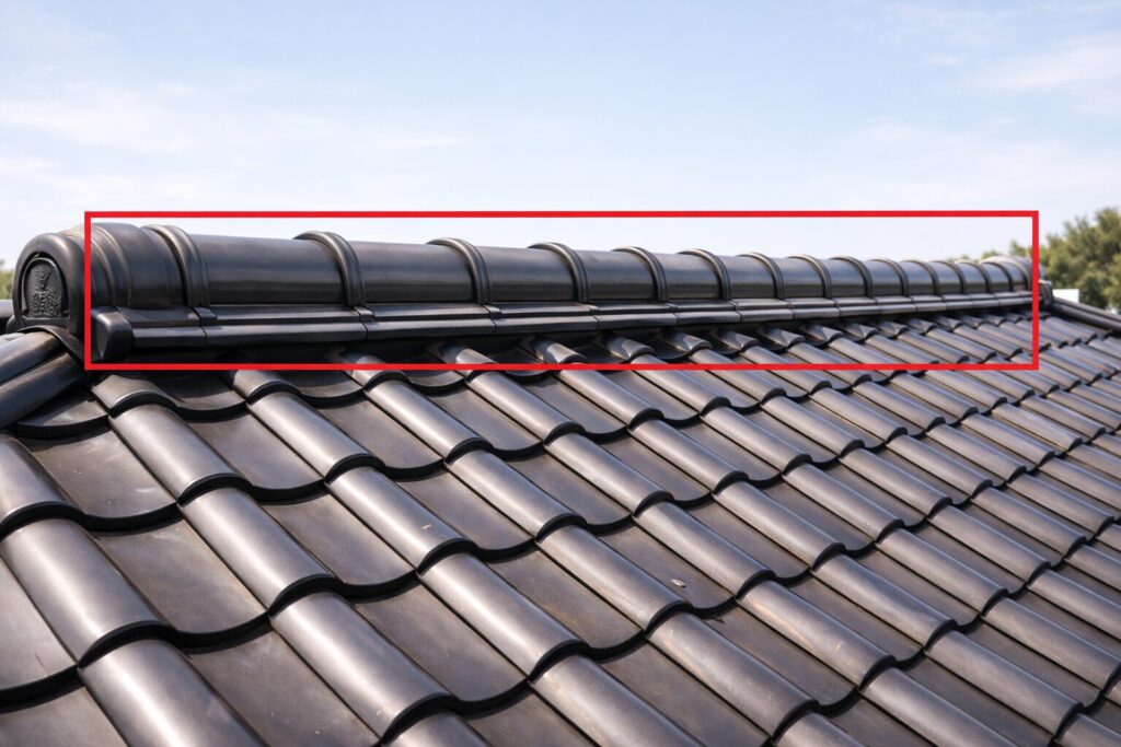 日本の瓦屋根住宅における大棟（おおむね）。屋根の最も高い位置を水平に走る棟瓦が整然と並んでいる様子