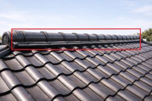 日本の瓦屋根住宅における大棟（おおむね）。屋根の最も高い位置を水平に走る棟瓦が整然と並んでいる様子