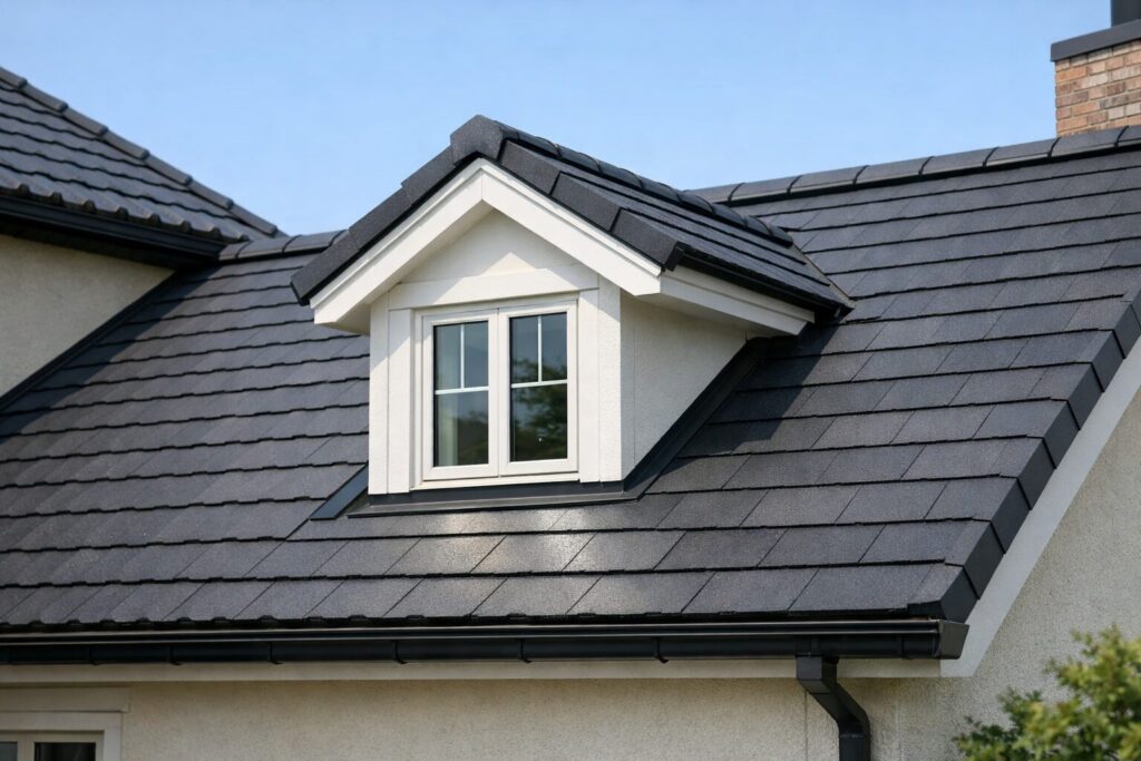 屋根の斜面から突き出すように設けられたドーマーウィンドウ。天窓とは異なり、垂直に立ち上がった窓と小さな切妻屋根の構造が分かる住宅の屋根外観