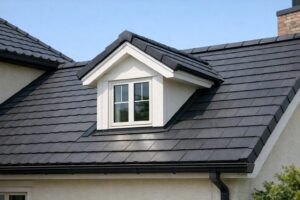 屋根の斜面から突き出すように設けられたドーマーウィンドウ。天窓とは異なり、垂直に立ち上がった窓と小さな切妻屋根の構造が分かる住宅の屋根外観