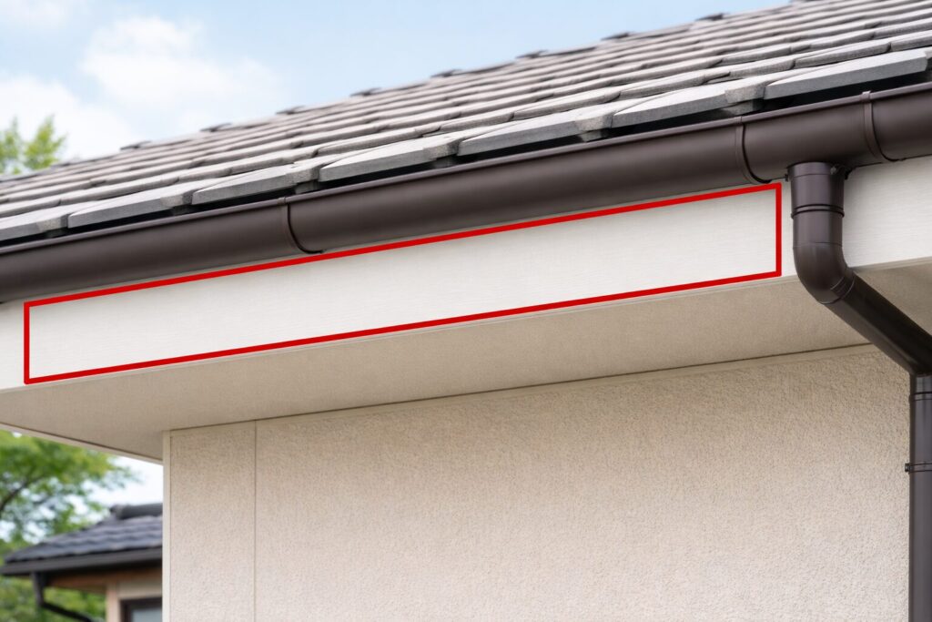 日本の住宅の軒先にある鼻隠し（はなかくし）を赤枠で示した写真。