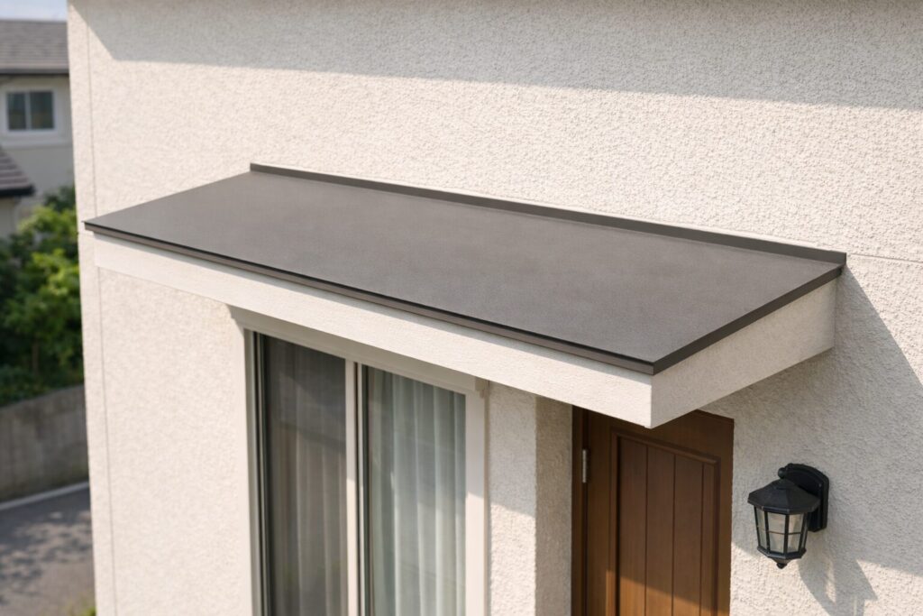 住宅の窓と玄関の上に張り出した庇（ひさし）の外観