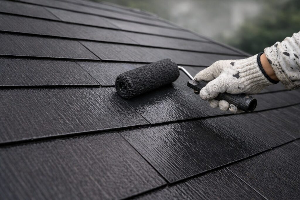 フッ素塗料をローラーで均一に塗布している高耐久塗装の施工中の様子