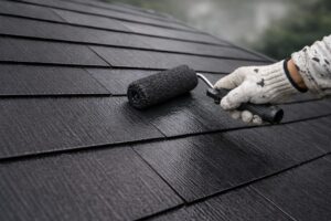 フッ素塗料をローラーで均一に塗布している高耐久塗装の施工中の様子