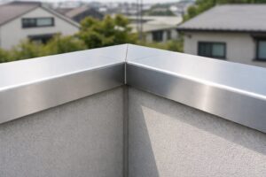 屋上のパラペット上端に取り付けられた金属製の笠木（かさぎ）