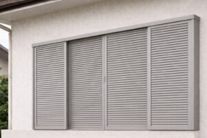 住宅の窓に取り付けられたルーバータイプの雨戸（あまど）の外観