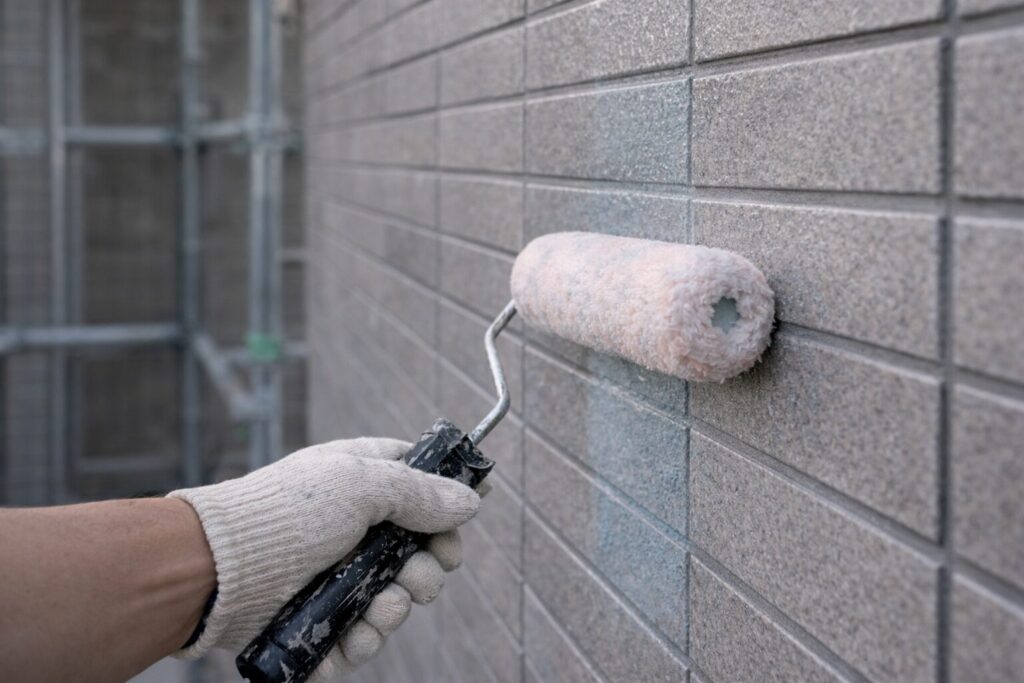 高耐久な無機塗料をローラーで外壁に均一に塗布している施工中の手元