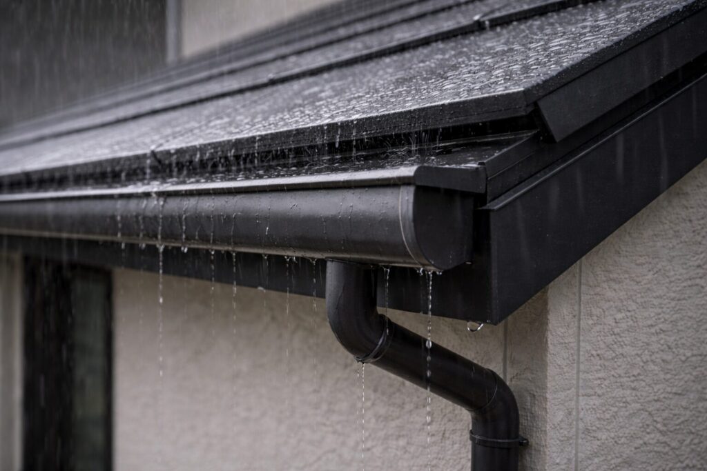 屋根の軒先と雨樋で雨水を適切に排水し、建物内部への浸水を防ぐ雨仕舞の構造