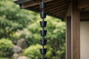 和風住宅の軒先から垂れ下がるカップ型の鎖樋（くさりどい）。装飾性のある雨樋の構造が分かる写真