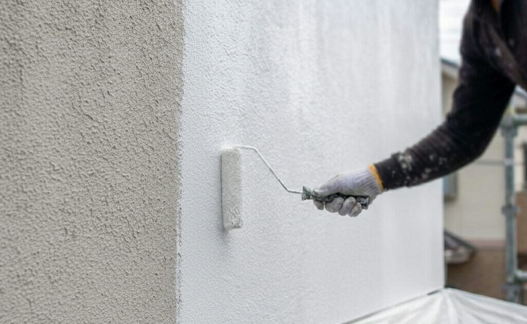 板橋区　外壁の下塗り作業の様子