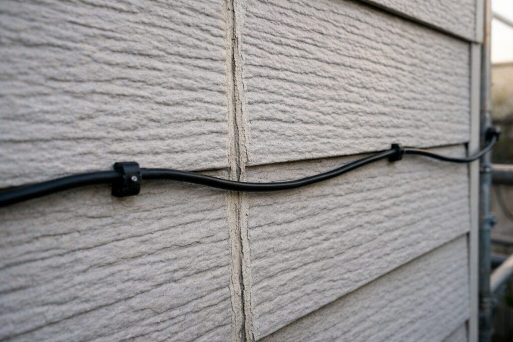 板橋区の住宅外壁で、シーリング目地付近に配線が固定されている外壁塗装前の状態
