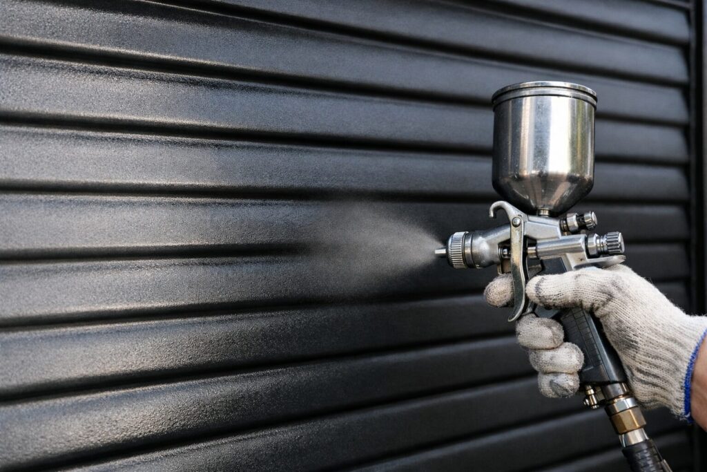 雨戸をエアスプレー塗装で仕上げている施工中の様子