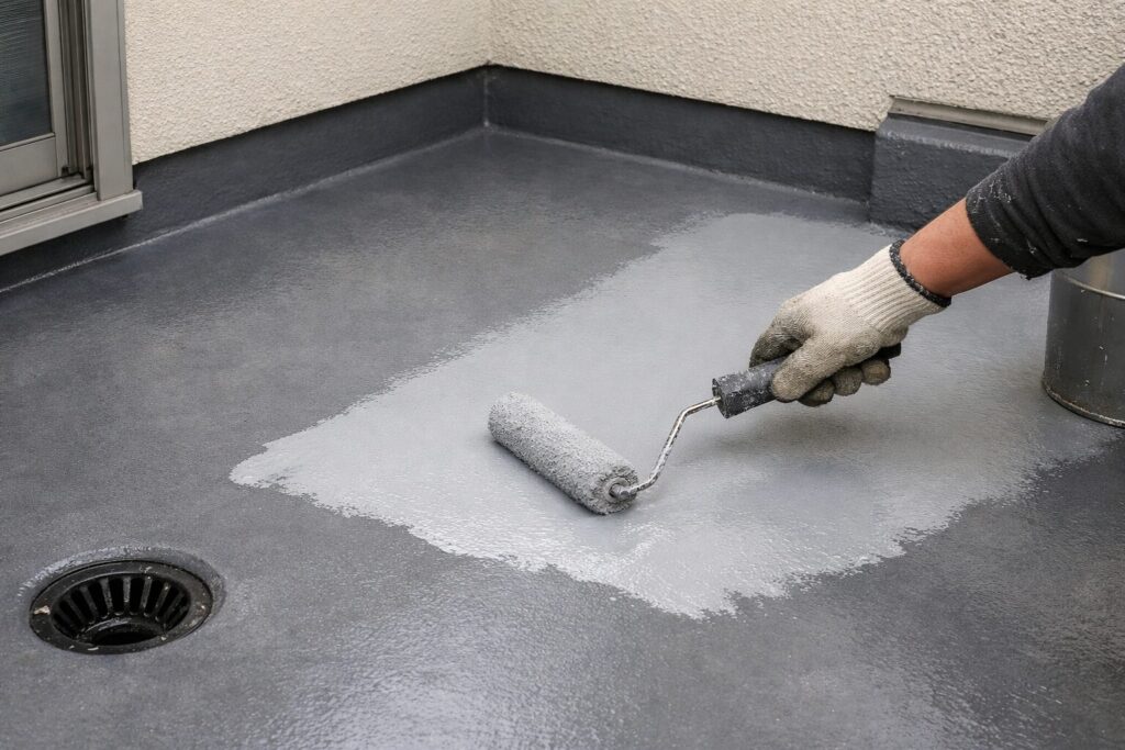 板橋区の住宅ベランダで防水層の状態を確認しながらトップコートを塗り替えている防水工事の施工中の様子