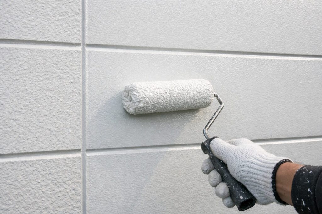外壁に造膜型塗料をローラーで塗り、表面に均一な塗膜を形成している作業の様子