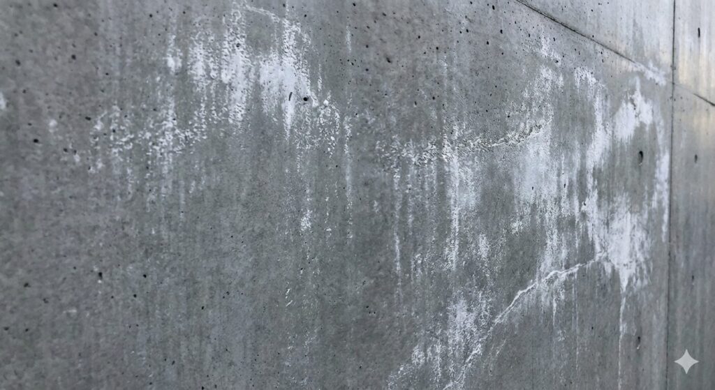 練馬区の外壁に発生したエフロレッセンス（白華現象）で、白い粉状の汚れが表面に現れている様子