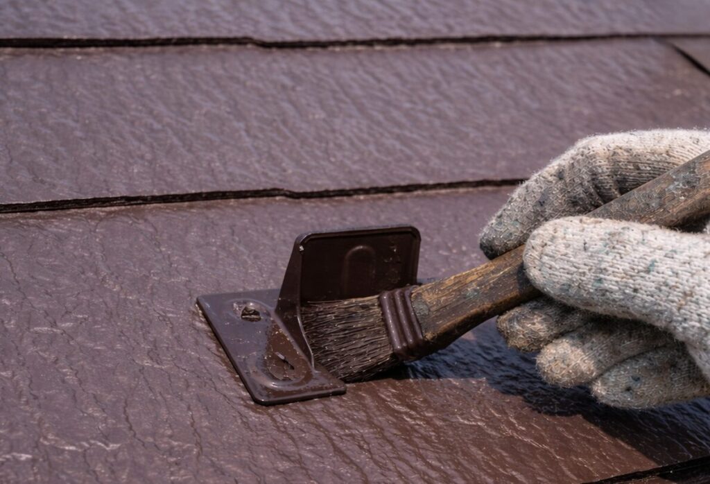 練馬区の集合住宅で雪止め金具を刷毛で上塗り塗装している施工中の様子