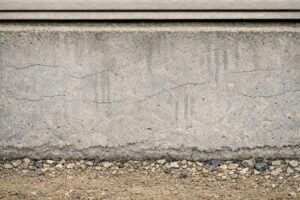 練馬区 基礎コンクリート 下塗り前 ヘアクラックと雨染みの劣化状況