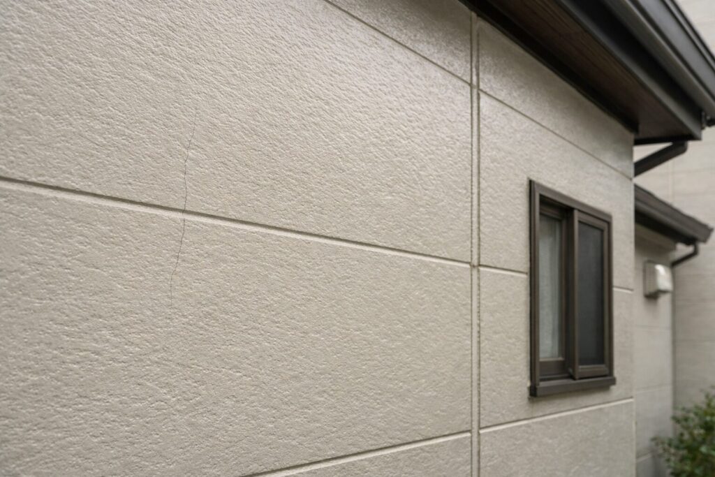 外壁塗装後の住宅外壁に見られる細いひび割れと目地の状態。塗装で保護できる範囲と注意が必要な部分が分かる外壁の様子