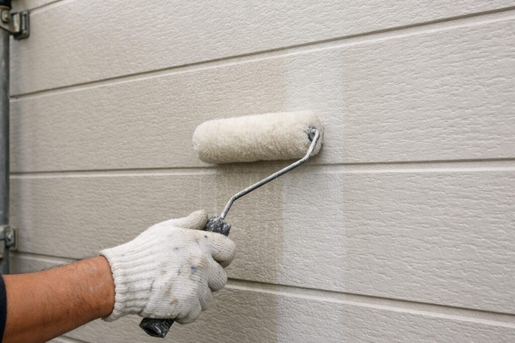 特殊コーティングサイディング外壁に専用下塗り材をローラーで施工している様子
