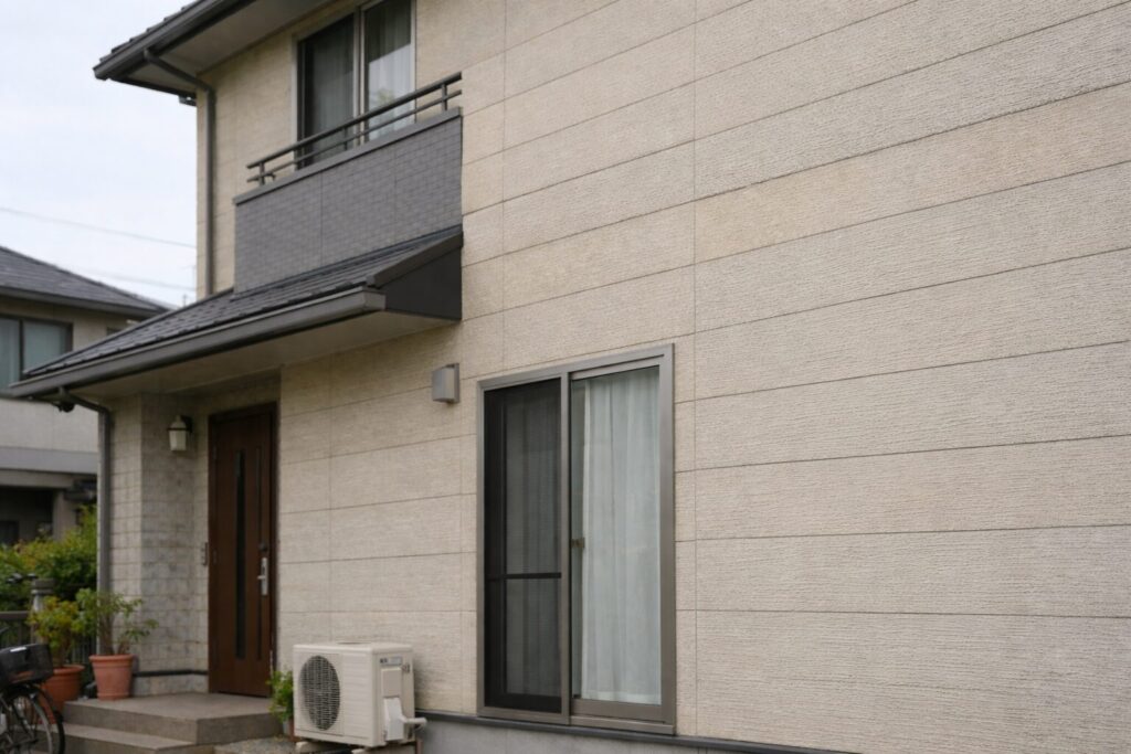 外壁塗装を検討する戸建て住宅の外観。ベージュ系サイディング外壁の状態確認イメージ