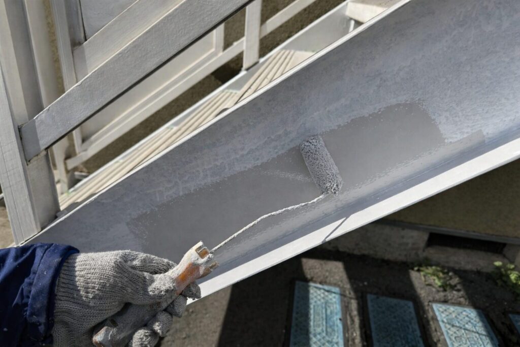 練馬区の集合住宅にある鉄骨階段ササラへ中塗り塗料をローラーで施工している様子