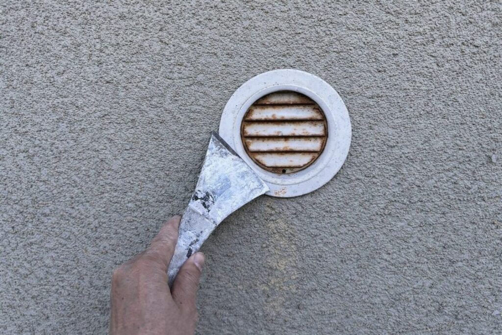 練馬区の集合住宅でガラリの劣化塗膜と錆を皮スキで除去するケレン作業